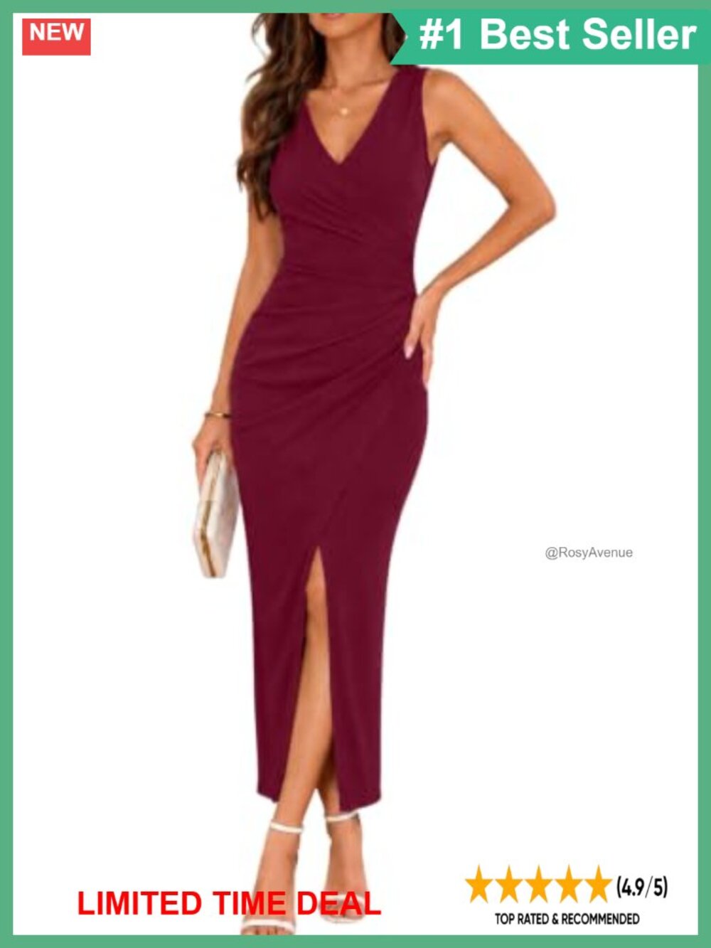 Women's Bodycon Maxi Dress V Neck Side Slit Ruched Wrap Formal Cocktail
